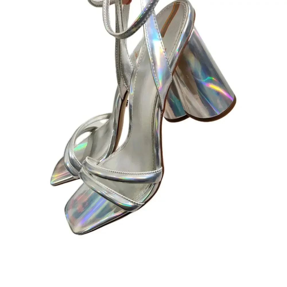 Sam Edelman Y2k Chunky Heels 8.5 Strappy Block Silver Holographic Prom Hoco